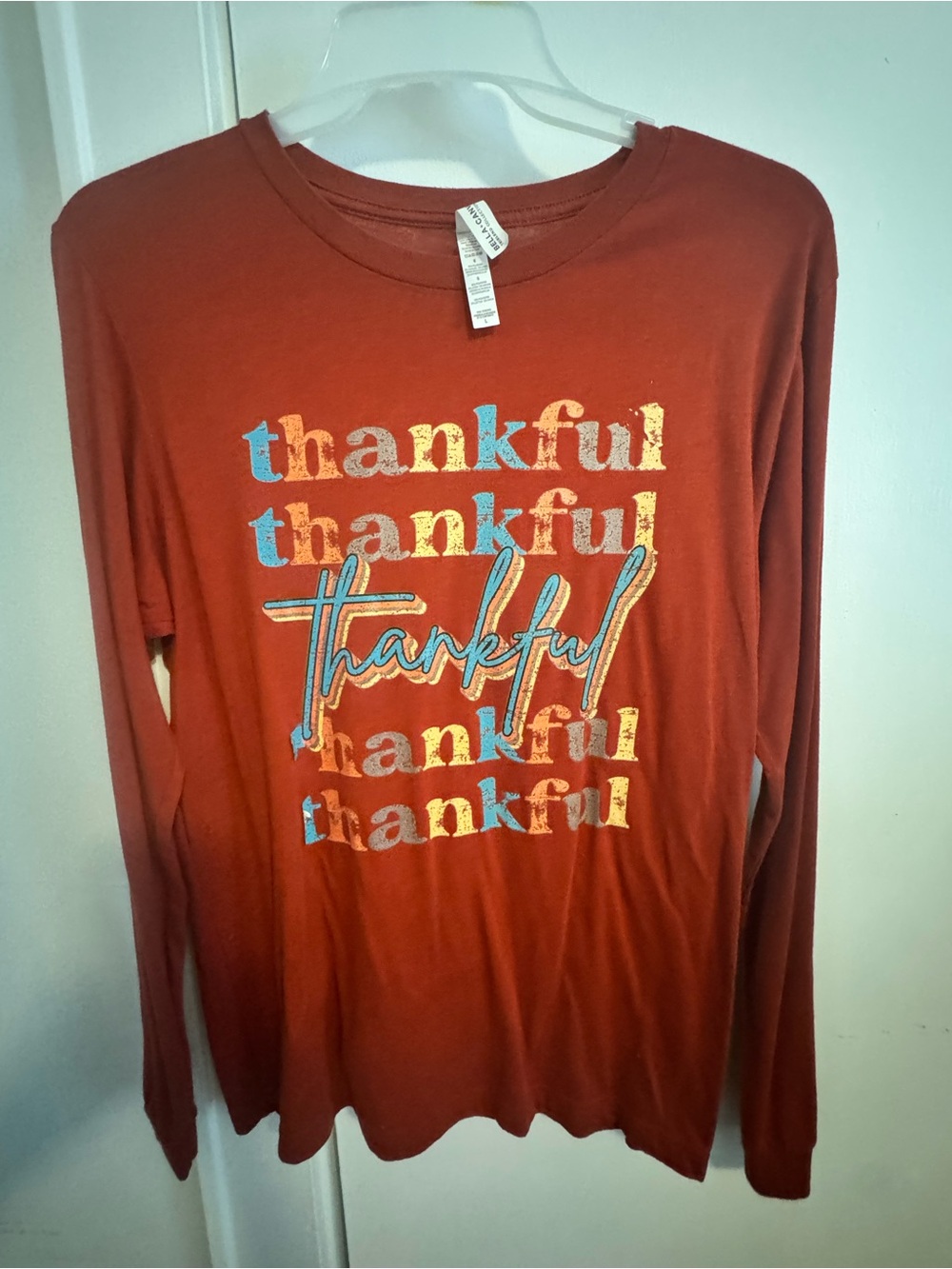 Bella Canvas Rust Long-Sleeve 'Thankful' Graphic Tee with Blue and Cream Print
